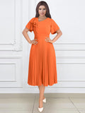 Fongt Multi-Color Lotus Leaf Sleeve Pressure Skirt Dress 100 Folds Short Sleeve Dress Elegant Dress