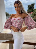 Hot Style Spring And Summer Sexy Word Collar Open Shoulder Wrapped Chest Print Shirt-Outfit