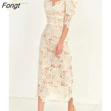 Han Queen Summer Dresses Korean Retro High Waist Vestidos Elegant Fashion Slim Midi Hollow Out Office Party Casual Lace