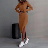 Fongt And Winter 2025 New Women's Pure Color Knitted Round Collar Collar Collar Long Sleeve Open Fork Dress Two Sets Of Women