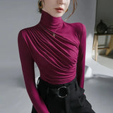 Women Turtleneck Full Sleeve Folds T Shirts Lady High Quality Elegant Elastic Tops Tees Female T-Shirt-Outfit
