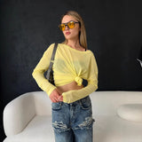 Fongt New Sexy Soft Leier Out-Shoulder Long-Sleeved T-Shirt Women's Transparent Top