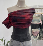 Fongt Shooting Can Wear Two-Wear Art Dizzy Net Yarn Spliced A Word Shoulder T-Shirt To Repair The Chest Short Babes Top 1131