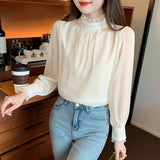Fongt Shot Plus Velvet Winter New Sweet Standing Collar Pearl Splicing Decorative Jacket Design Sense Bubble Sleeve Shirt-Outfit