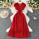 Fongt Red Dot V-Neck Women's Short-Sleeved Dress Summer Single Buckle Tie With Thin A-Word Mid-Long Dress