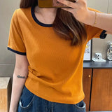 Color Threaded Round Collar Short-Sleeved T-Shirt Women's New Slim And Unique Chic Blouse In Spring And