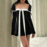 Bow Patchwork Long Sleeve Dress Retro Square-neck Lace Stitch Bodycon Mini Dresses 2023 Evening Party Vestidos-Outfit
