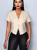 Fongt Solid Color V-Neck Metal Button Asymmetrical Sleeve Shirt