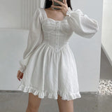 Retro Solid A-Line Dreess Slim Square Collar Puff Sleeve Mini Dresses For Women 2021 Elegant Fashion Autumn Spring