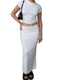 Summer 2 Pieces Sets Women Outfits Solid Color O-neck Short Sleeve Slim Fit Basic T-Shirts Crop Tops Long Skirts 2023-Outfit
