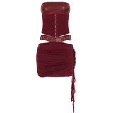 Fongt Leather Suit PU Leather Splicing Waist Tsets Hollow Folding Net Lace-Uped Ass Skirt