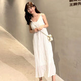 Womens Summer New Chic Fit Tender Sweet Pleated Spaghetti Trendy Soft Simple Solid Korean Style Elegant Vintage Pure