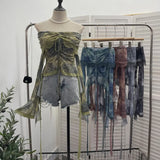 Fongt Old-Fashioned Green Shoulder Horn Sleeve Blouse Dye Net Yarn Lace Draw Rope Short T-Shirt 8010