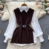 Light Luxury Ladies Dress Set Women's Loose Long-sleeved White Shirt Top + Slit Knitted Vest Vest Two-piece Set-Outfit