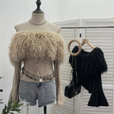 Fongt Wind Shoulder Hair Knitted Shirt Girl Short To Make Old Broken Long-Sleeved T-Shirt Top 2988