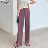 High Waist Pleated Pants Female S-XXL Thin Simple Loose Straight Women Trousers Black Navy Blue Wide Leg Long