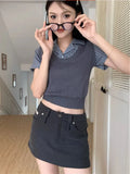 Fake Two Short-Sleeved Knitted Shirt Women 2025 Summer New Stripe Splicing Repair Slim Short