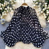 Fongt Top Spring Fashion Bow Tie With Lantern Sleeves Long Sleeves Loose Shirt Woman