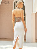 2022 New Summer Women Halter Sleeveless V Neck Black Bandage Dress Sexy Pearls Club Celebrity Runway Party Bodycon