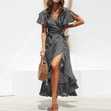 Fongt 2024 Hot Sexy V Collar Irregular High Waist With Chiffon Print Dress Spot-Outfit