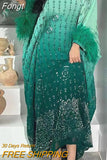Women Elegant Solid Feather Party Dress Summer Casual Long Sleeve Long Dress Ladies New Fashion Slash Neck Backless Long
