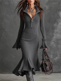 Fongt Fashion Elegant Temperament Zippered Horn Sleeve Knitted Fishtail Skirt