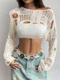 Fongt Spring And Summer New Tuk Hollow Hole Design Knitted Shirt Short Sweater
