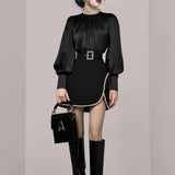 Korean Ladies Light Luxury Design Two Piece Suit Lantern Sleeve Beading Top High Waist Slim Short Skirt