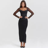 Fongt V-Neck Low-Breast Mesh Yarn Long-Sleeved Pupling Open-Fork Dress Woman