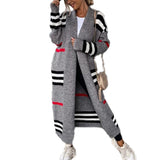 Fongt Long Striped Knitted Cardigan Large Version Of Loose Long-Sleeved Sweater Coat Woman