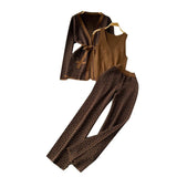 Fongt Printing Casual Set Of Women's Shawl Jacket + V Collar Bottom Knitted Shirt + Broad Leg Trousers Three Sets