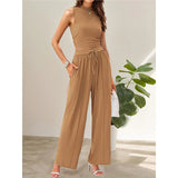 Fongt Summer Knitting Casual Suit Sleeveless Round Collar Short Repair Body Broad Leg Pants Two Sets