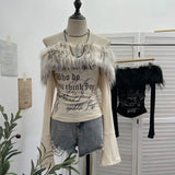 Fongt Shot Hair Collar Print Shoulder Horn Long-Sleeved T-Shirt Repair Short Picties Shoulder Grinding Top 1368