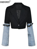 2024 Autumn New Fashion Women's Denim Patchwork Blazer Notched Collar Single Button Long Sleeve Short Suit Jackets TH5165-Outfit