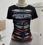 Fongt Rock Gothic 2025 Summer Dress Hole Design Feel Short-Sleeved Printed T-Shirt 26961