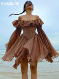 Beach Style Solid Chiffon Dress Slim Ruffles Slash Neck Off Shoulder Flare Sleeve A-Line Mini Dresses For Women