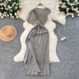 Fongt Folded Dress Design Irregular Lotus Leaves Side To Receive Waist Repair Bright Silk Pressure Folds