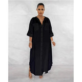 Fongt Summer Loose Solid Color Long Sleeve Single Breasted Half Open Collar Fringe Dress-Outfit