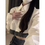 Simple Lapel Neck White Long Sleeve Shirts Women+ Y2k E-Girl High Waist Denim Skirts 2024 Autumn New Two Piece Sets-Outfit