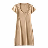 New Large U-Necked Dress Summer Solid Color Leisure Basic Medium-Long Short-Sleeved T-Shirt Skirt-Outfit
