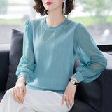 Chiffon Lace Patchwork Knitted Pullovers Women Spring Casual Loose Lantern Sleeve Knitwear Fashion Hollow Out Korean