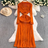 Fongt Retro Long-Sleeved Dress Dress Women Summer High-End Light Extravagant Folds To The Waist Wood Ear Long Dress