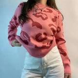 Leopard Print Women's Knitted Sweater Pink O-neck Loose Sweet Pullovers All Match 2021 Autumn Winter Basic Casual