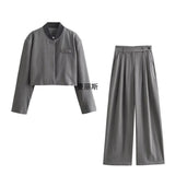 Fongt New Women's Loose Casual Long-Sleeved Striped Jacket Top High Waist Wide Leg Trousers Set