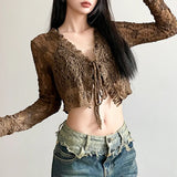 Fongt Wind Texture Sense Lace Stitching Strap V-Neck Cardigan Top Light Smock Long Sleeves-Outfit