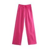 Women Simply Solid Green Color Pockets Casual Straight Pants Female Chic Elastic Waist Lace Up Summer Long Trousers