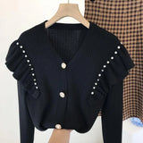 Women Cardigan Sweet Ruffles Chic Diamond Tunic Knitted Sweater Coat Sueter De Mujer Fashion Pull Femme Korean Tops
