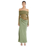 Fongt Autumn And Winter Women's Fashion Word Shoulder Long Sleeves Bare Waist Mesh Splicing Bag Of Hip Dress
