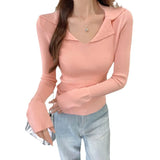 Design Thread Polo Lapel Knit Sweater Female Spring And Autumn Winter V Collar French Versatile Long-Sleeved Bottom Top-Outfit