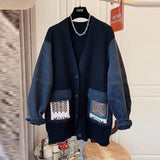 Denim Stitching Jackets Spring Autumn Loose Women Jacket New Knitted Sweater Cardigan Coat Female Retro